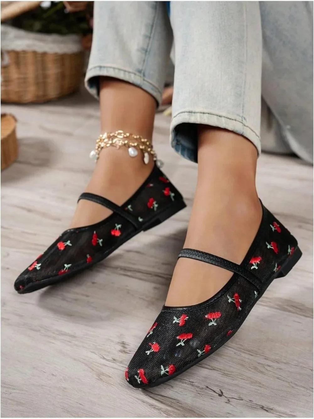 Womens Black Red Mesh Ballet Flats Lace Bow Square Toe Wedding Dressy Work Shoes